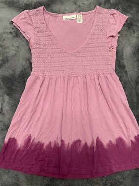 Dkny Pink Smocked V-Neck Short Sleeve Dip-Dye Top